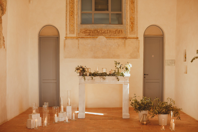 Fireplace Decor Candles Flowers Church Ceremony Beautifully Intimate Open Air Wedding Umbria http://www.edpeers.com/