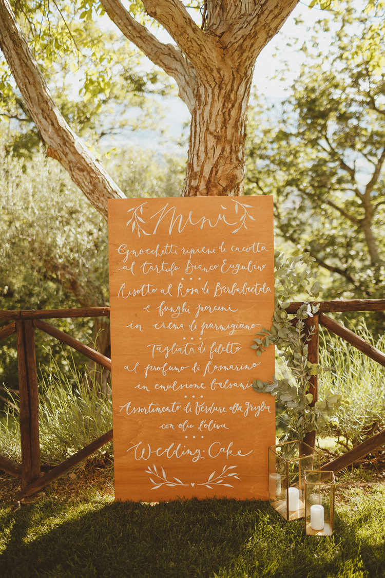 Wooden Calligraphy Menu Beautifully Intimate Open Air Wedding Umbria http://www.edpeers.com/