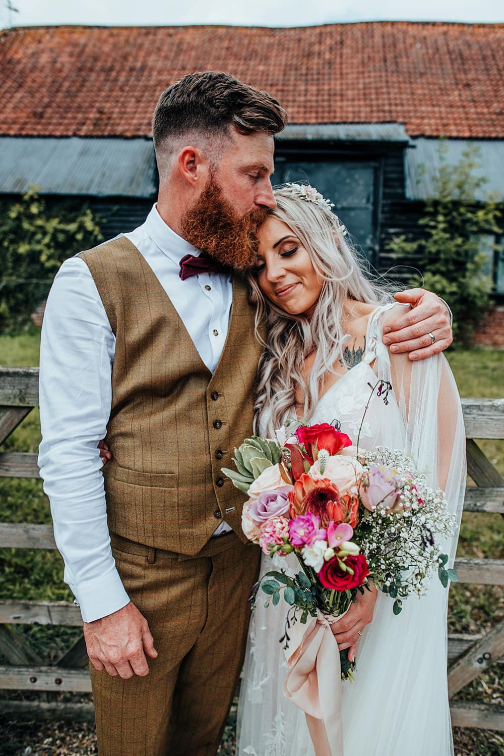 Boho Rustic Barn Wedding with a Bridal Cape u0026 Tweed Suit