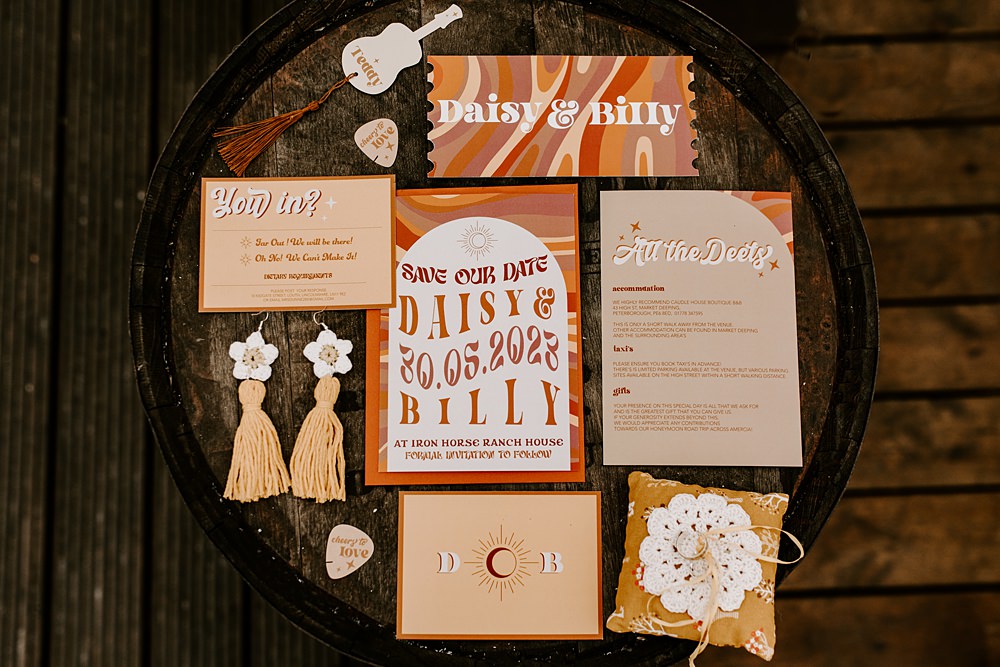 Daisy Jones Six Wedding Ideas Caroline Opacic Photography Orange 70s Retro Stationery Invites