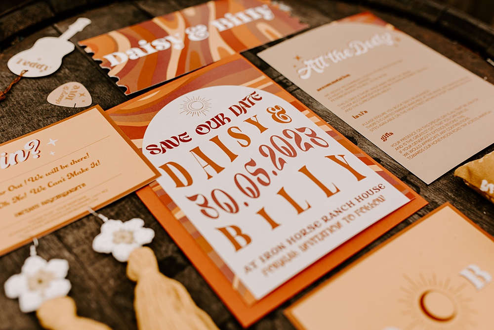 Orange 70s Retro Stationery Invites Daisy Jones Six Wedding Ideas Caroline Opacic Photography