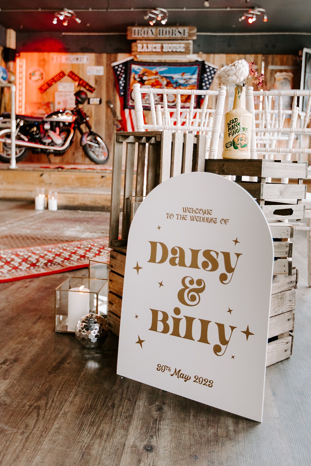 Curve White Gold Sign Daisy Jones Six Wedding Ideas Caroline Opacic Photography