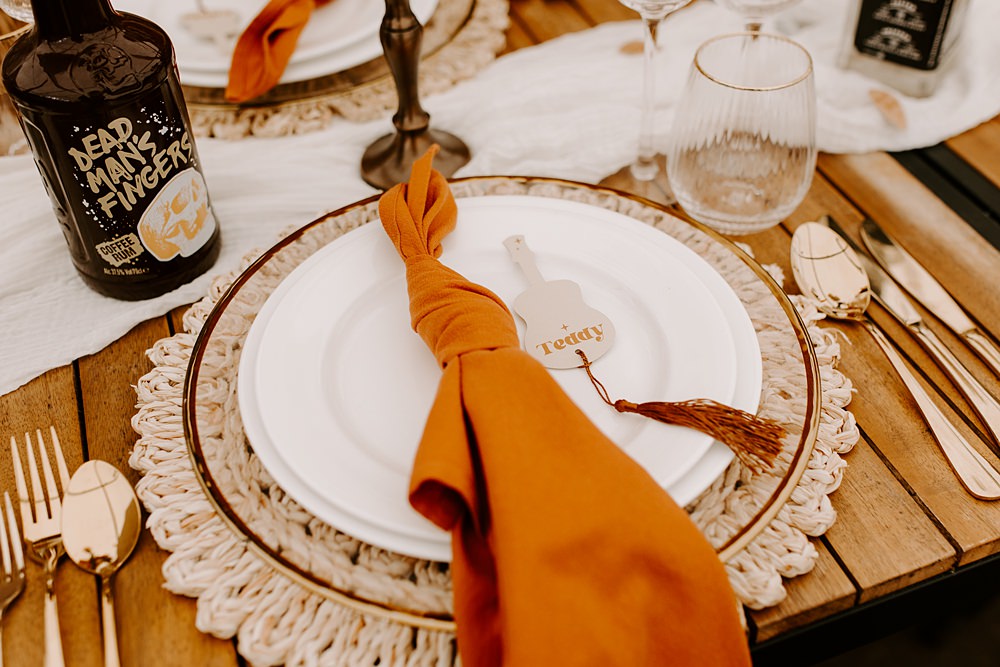 Place Setting Orange Napkin Decor Daisy Jones Six Wedding Ideas Caroline Opacic Photography