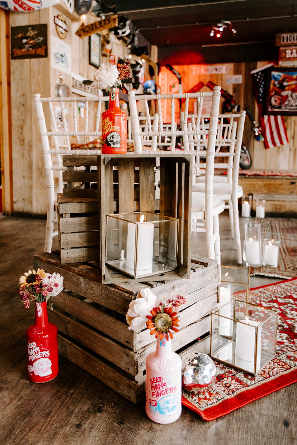 Crates Candles Flowers Decor Daisy Jones Six Wedding Ideas Caroline Opacic Photography